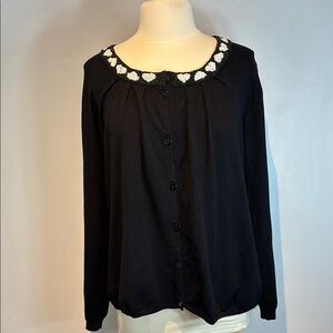 Marina Rinaldi black beaded heart cardigan sweater size large